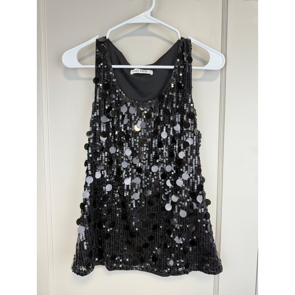 Grace Karin Black Sequin Tank Top Sleeveless Paillette Party Blouse Costume S